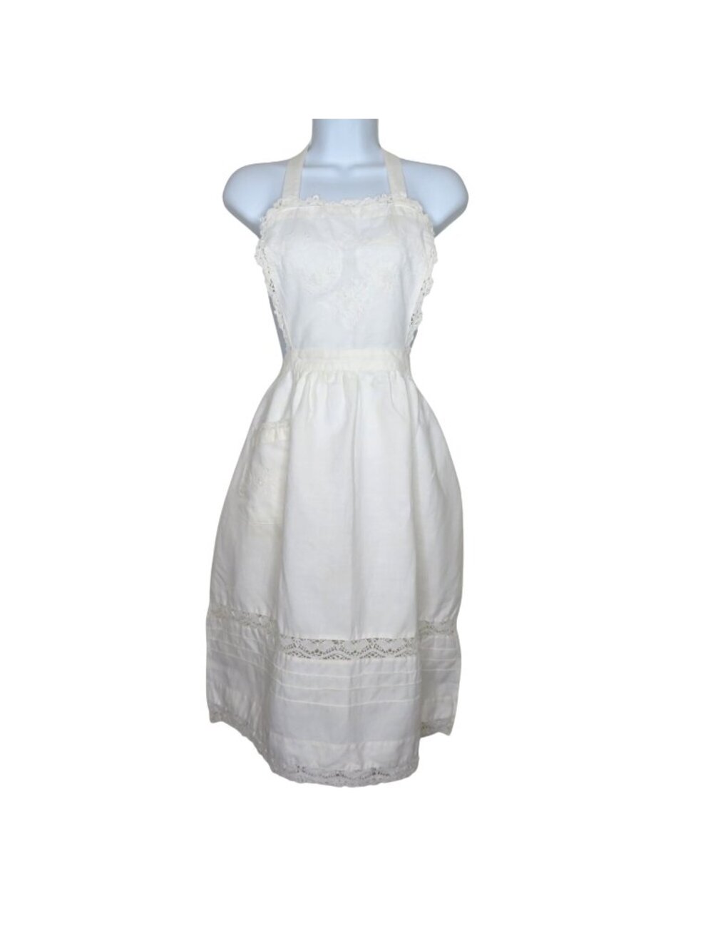 Vintage Hand-Embroidered White Apron Lace Trim Linen Cotton by Paper White
